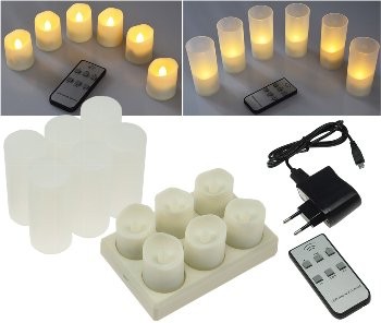 LED Kerzen mit IR-Fernbedienung, 6er-Set Ladestation + Netzteil, warmweiß