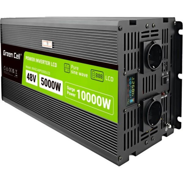 Green Cell KFZ Spannungswandler Power Inverter 48V > 230V 5000W/10000W 2x Steckdose/Display Black