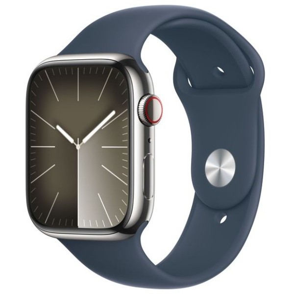 Apple Watch S9 Edelstahl Cellular 45mm Silber (Sportarmband sturmblau) S/M