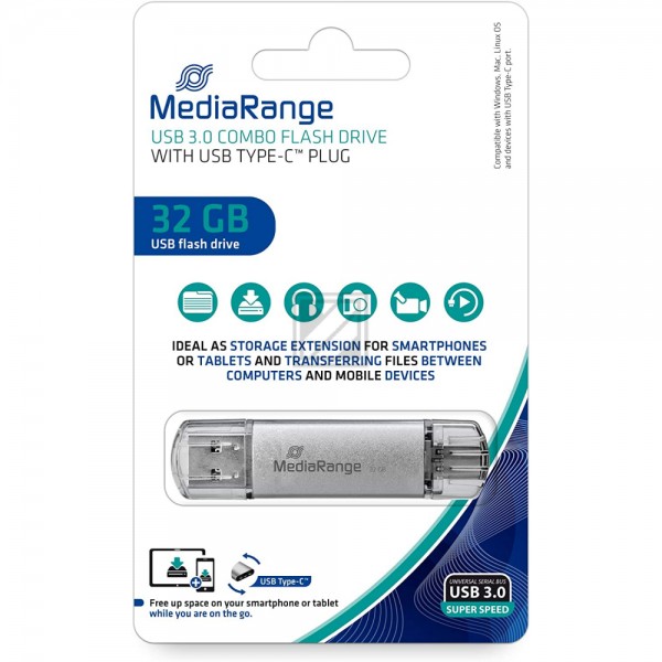 MEDIARANGE USB STICK 32GB SILBER MR936 Combo Flash Drive USB 3.1 + Typ C