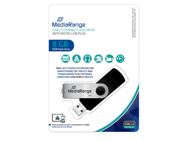 MediaRange USB Kombo-Speicherstick mit Micro USB (OTG) Stecker 8GB SILBER MR930-2 USB Mobil 2in1