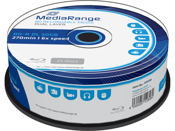 MediaRange BD-R Dual Layer 50GB, 6-fache Schreibgeschwindigkeit MR508 Blu-ray Cake Box
