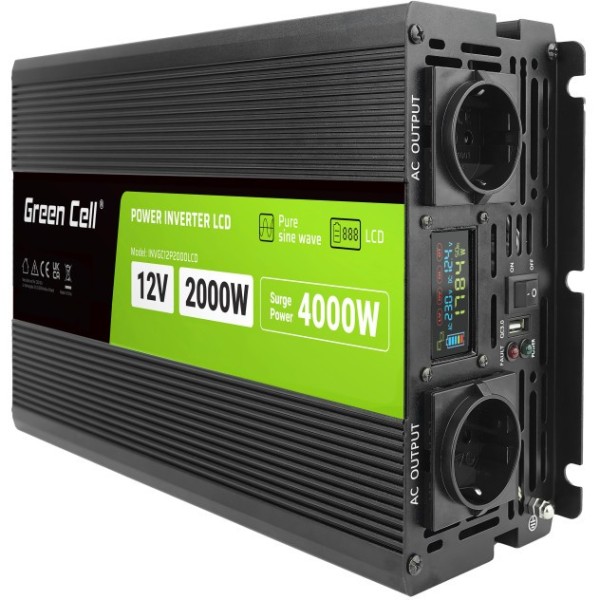 Green Cell KFZ Spannungswandler Power Inverter 12V > 230V 2000W/4000W USB/2x Steckdose/Display Black