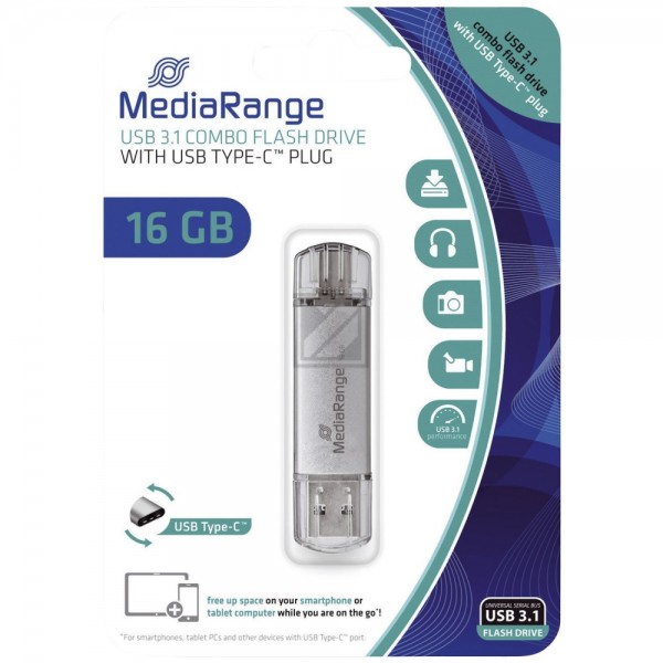 MEDIARANGE USB STICK 16GB SILBER MR935 Combo Flash Drive USB 3.1 + Typ C
